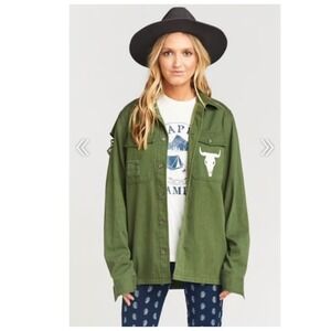 Show Me Your Mumu Army green olive‎ Bull skull horn jacket shirt Size S boho